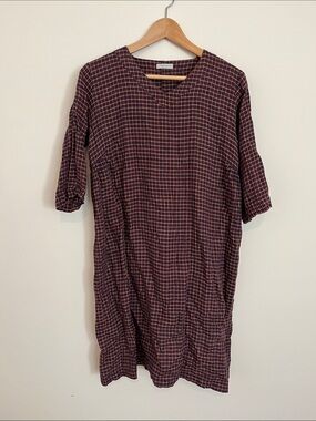 Fog linen work Casual Checkered Long Sleeve Dress in Burgundy
